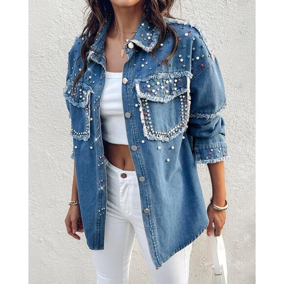 Stylish Women's Casual Denim Jacket - Oversized Sequin Long Sleeve Shacket in XL - Picture 2 of 6